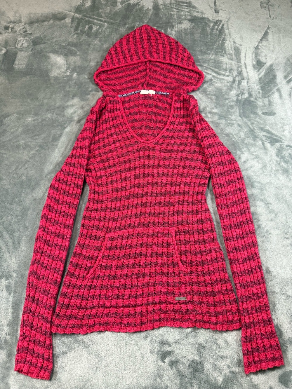 Roxy Y2K Pink & Black Striped Knit Hoodie Pullover Roxy Babydoll Sweater McBling